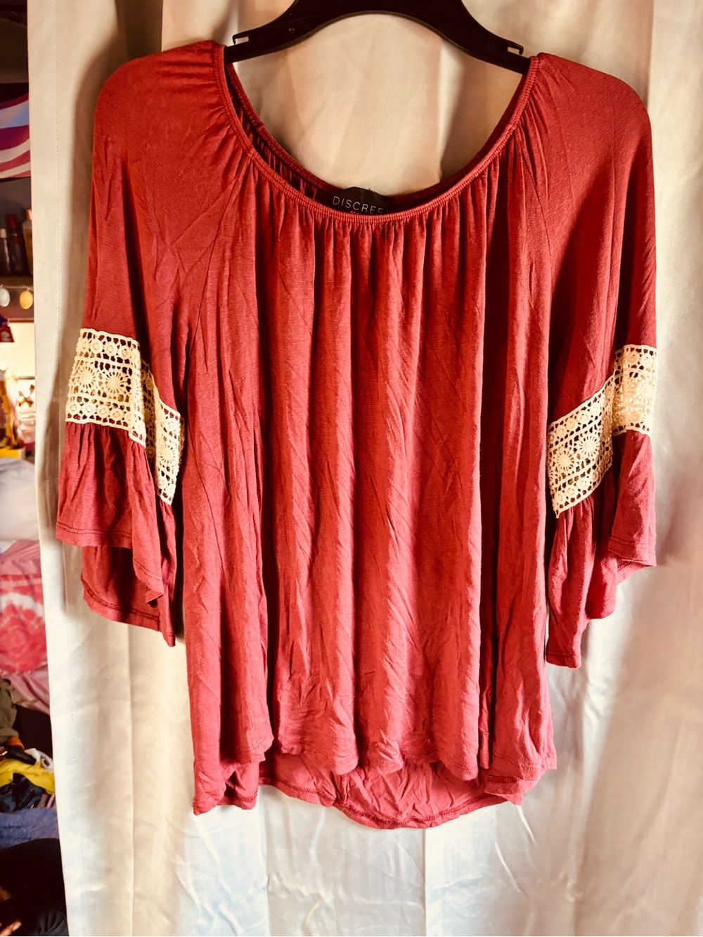 Discreet Brick Red Crochet-Trim Scoop Neck Tunic
